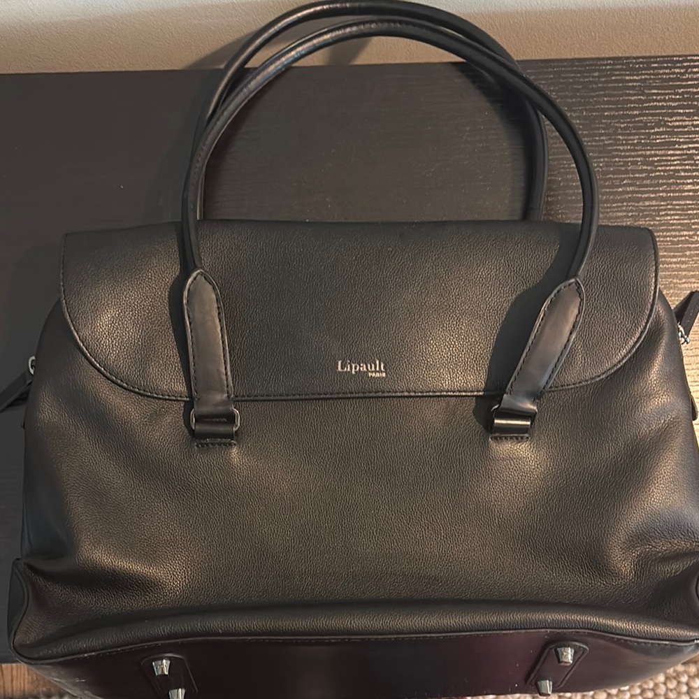Lipault Paris Black Leather Work Bag with Dual Top Handles